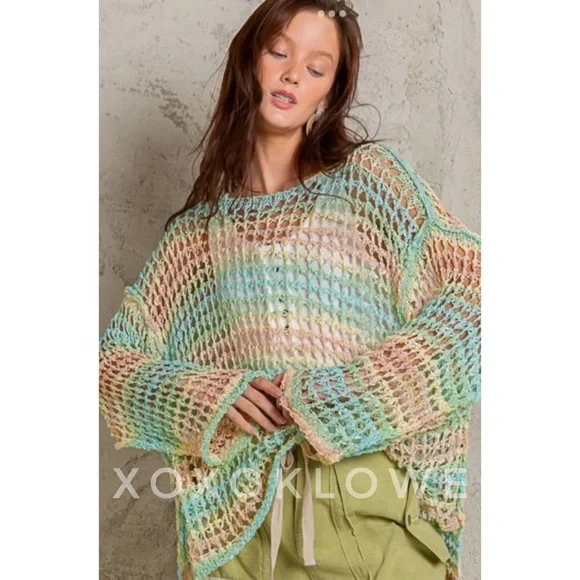 POL Tropical Striped Open Crochet Sweater Oversized - Picture 3 of 10